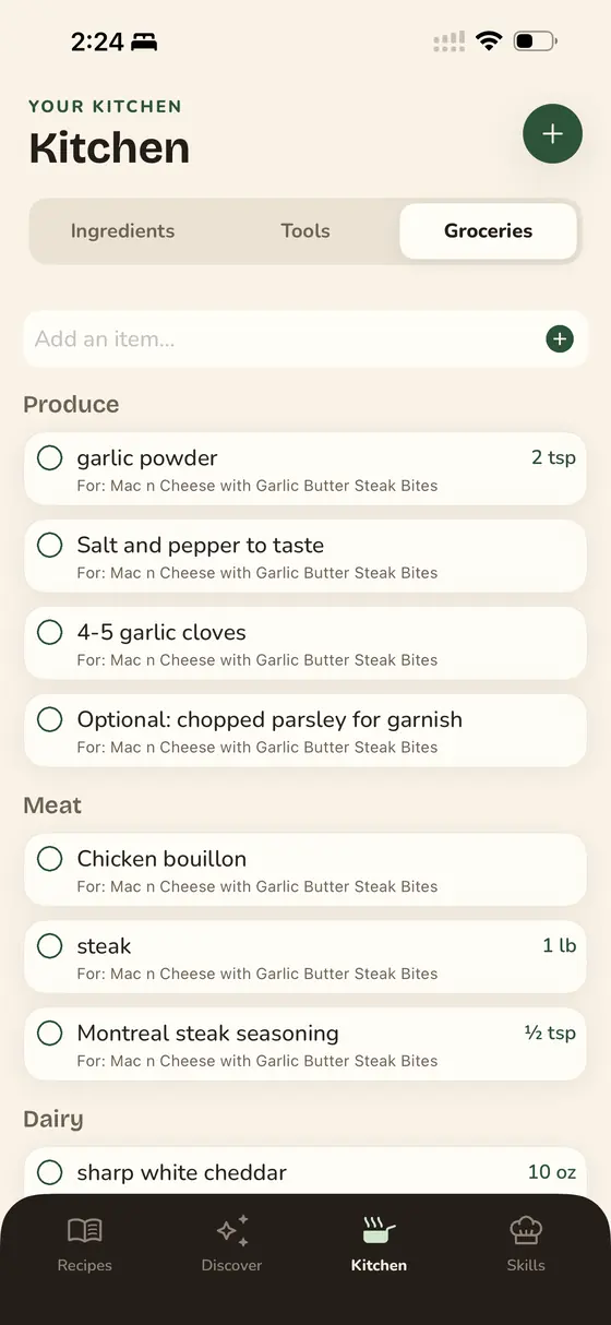 A Glutt grocery list generated from saved recipes.