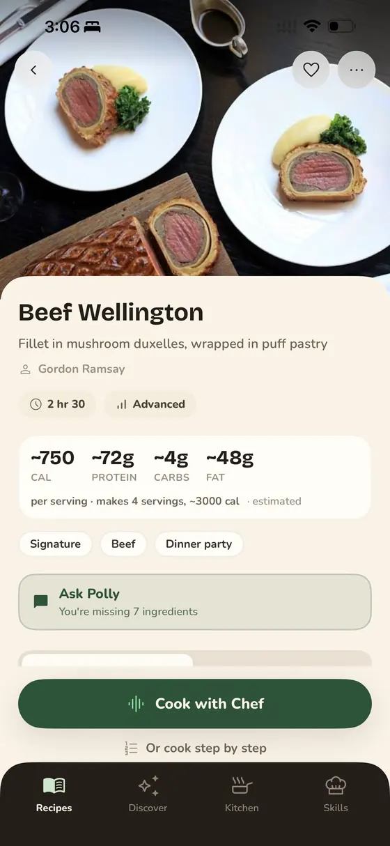 A Glutt recipe detail screen for Beef Wellington.