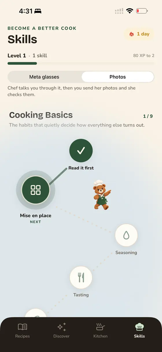 The Skills screen in Glutt showing a cooking streak.
