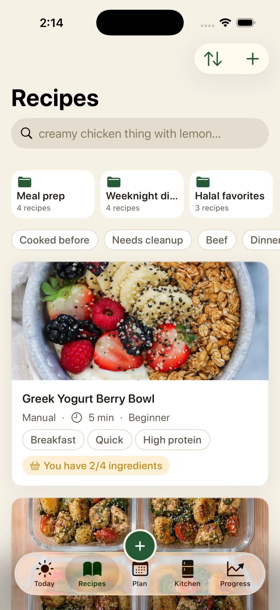 Glutt Recipes screen with organized meals.