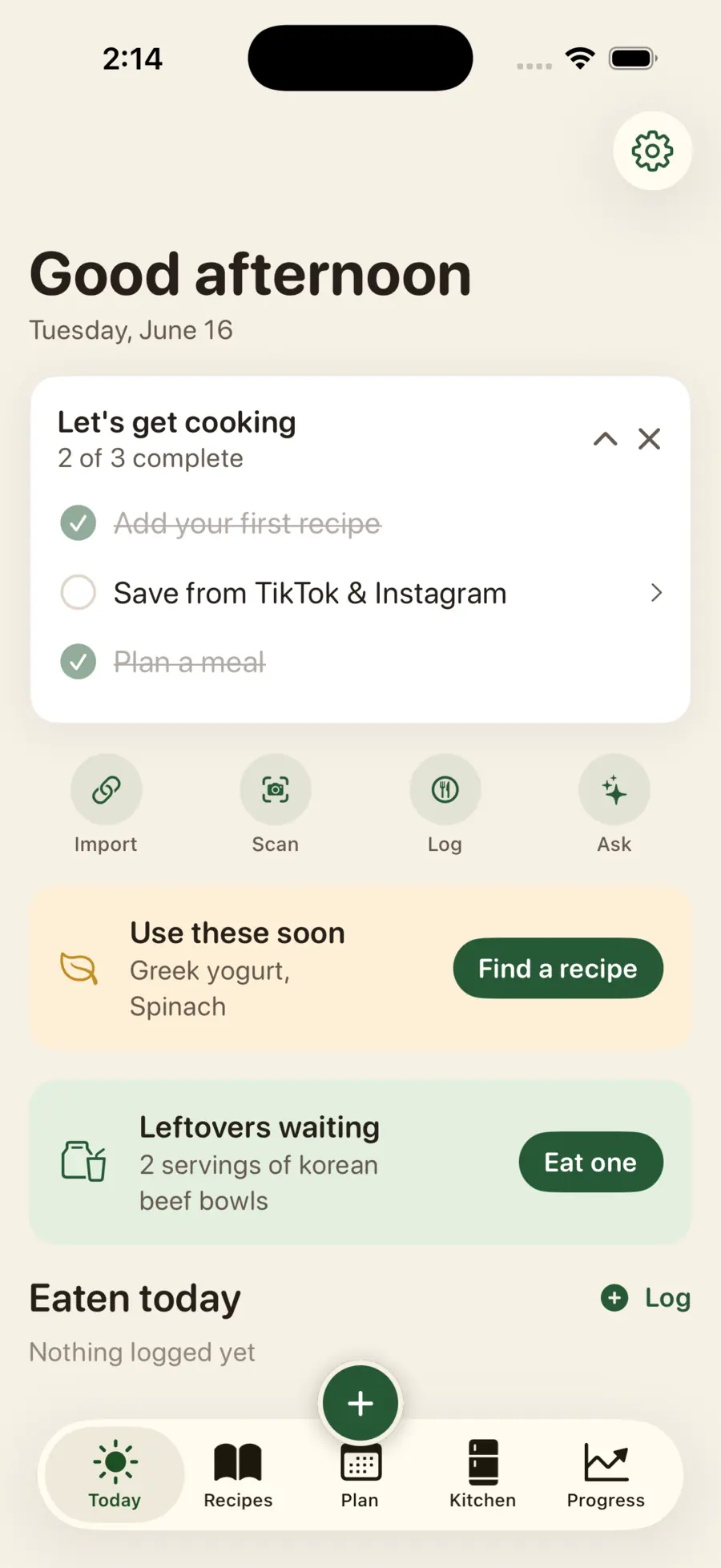 Glutt Today screen showing meal tasks and pantry suggestions.